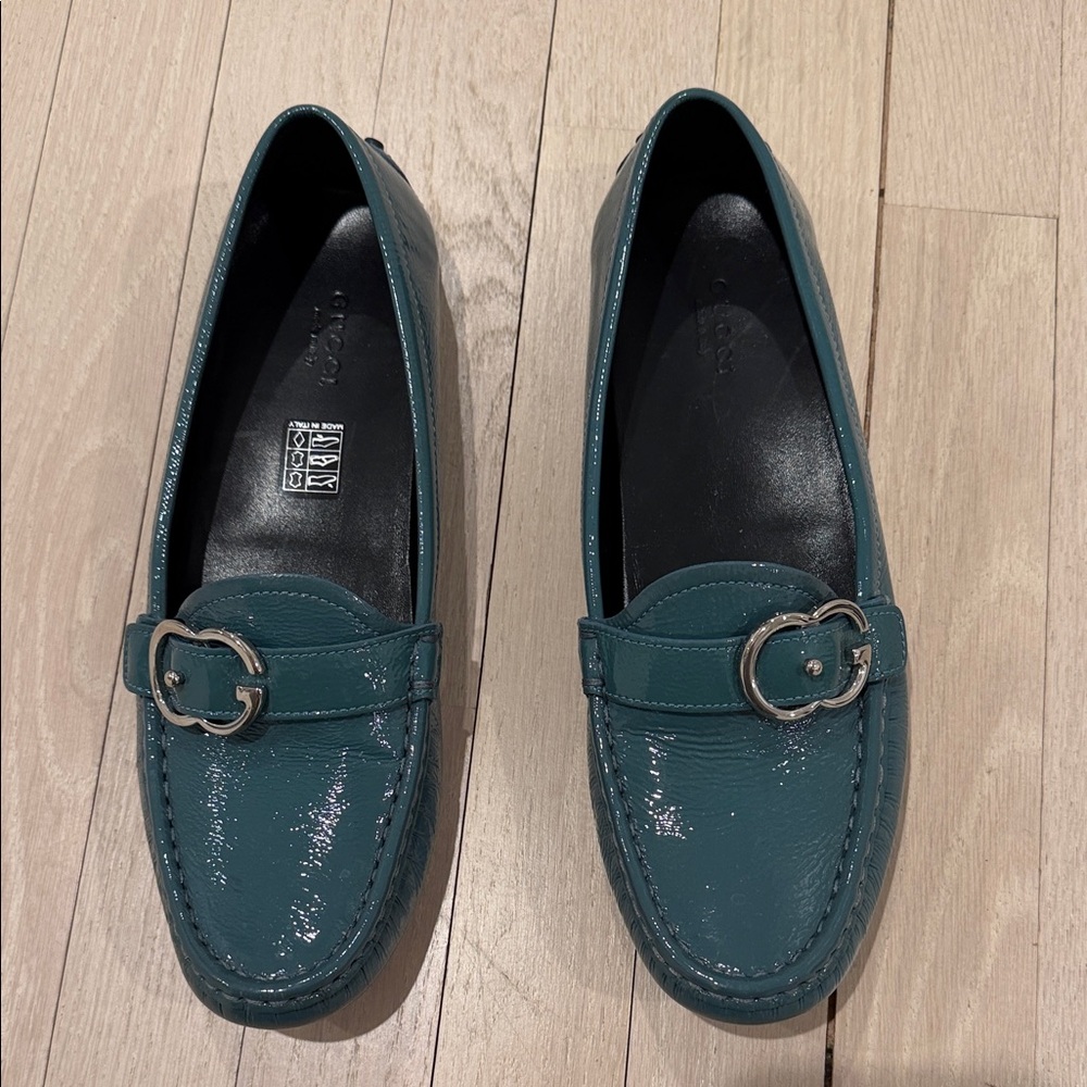 Gucci Teal Patent Leather Loafers with Silver Buckle